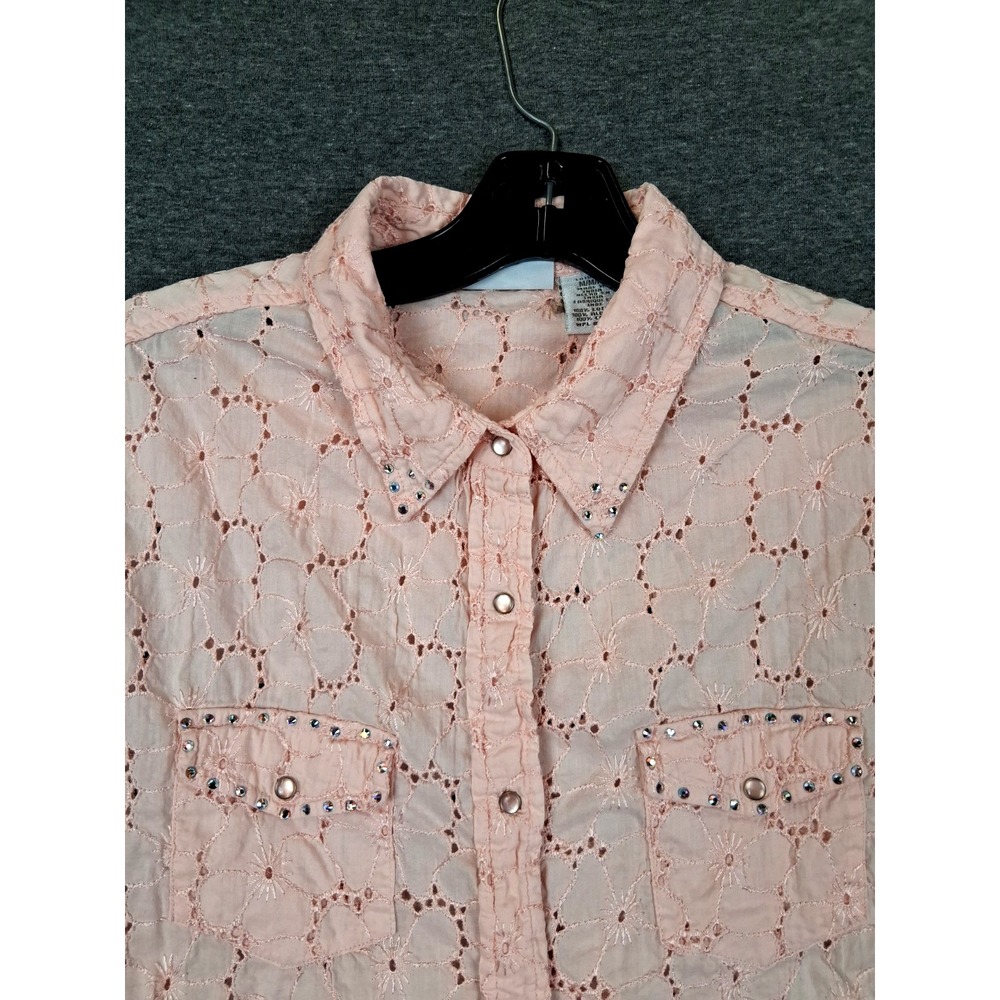 Wrangler Womens Shirt M Pink Embroidered Pearl Snap Rhinestone Cowgirl Rodeo